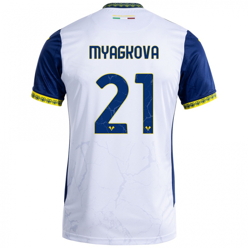 Niño Camiseta Alina Myagkova #21 Blanco Azul 2ª Equipación 2024/25 La Camisa Perú