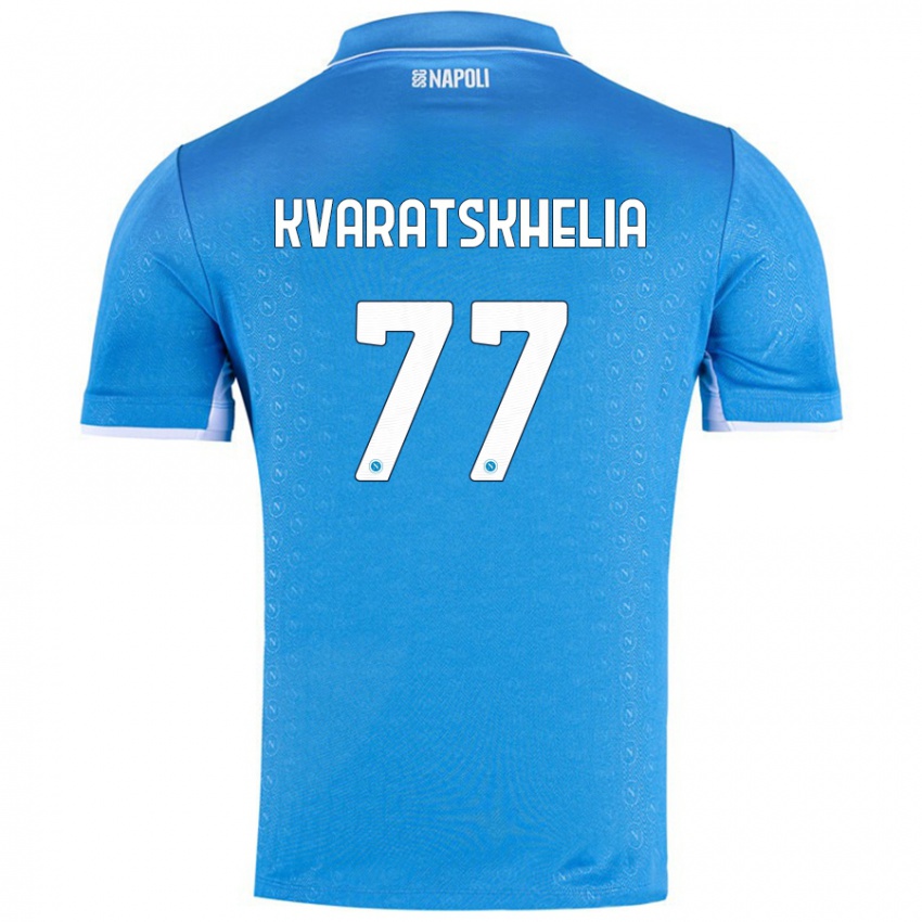 Hombre Camiseta Khvicha Kvaratskhelia #77 Azul Cielo 1ª Equipación 2024/25 La Camisa Perú