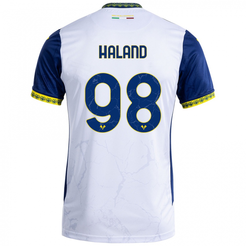 Hombre Camiseta Benedicte Iversen Håland #98 Blanco Azul 2ª Equipación 2024/25 La Camisa Perú