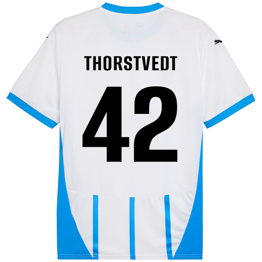 Mujer Camiseta Kristian Thorstvedt #42 Blanco Azul 2ª Equipación 2024/25 La Camisa Perú