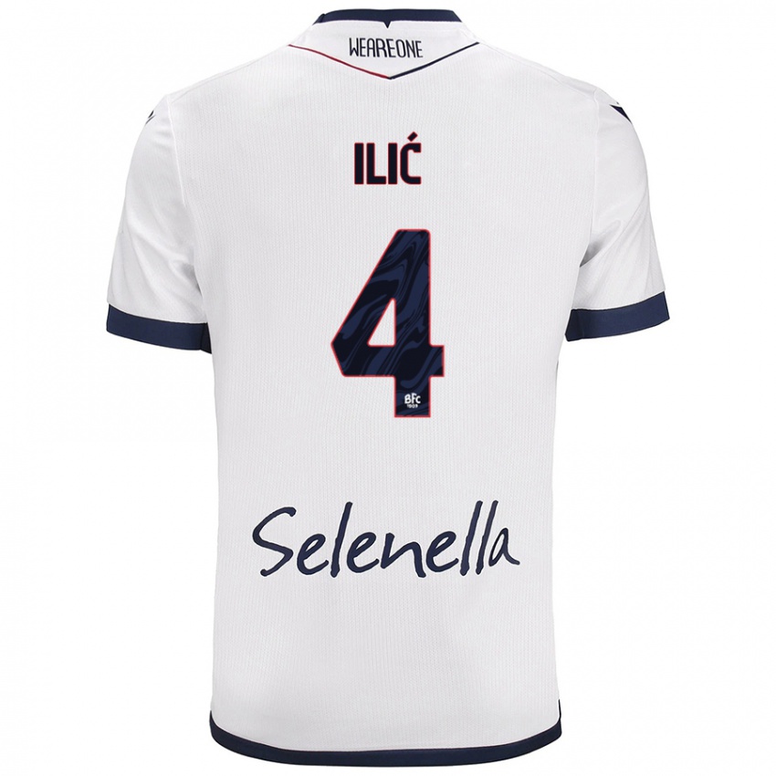 Mujer Camiseta Mihajlo Ilić #4 Blanco Azul Real 2ª Equipación 2024/25 La Camisa Perú