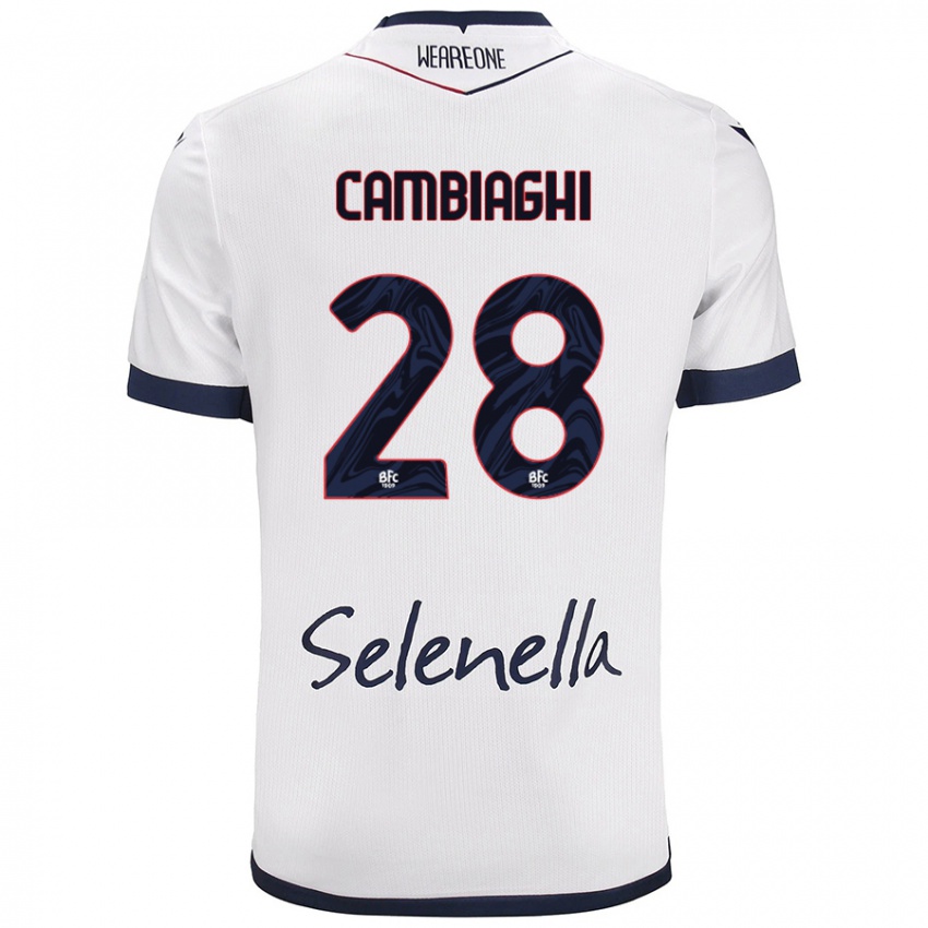 Mujer Camiseta Nicolò Cambiaghi #28 Blanco Azul Real 2ª Equipación 2024/25 La Camisa Perú