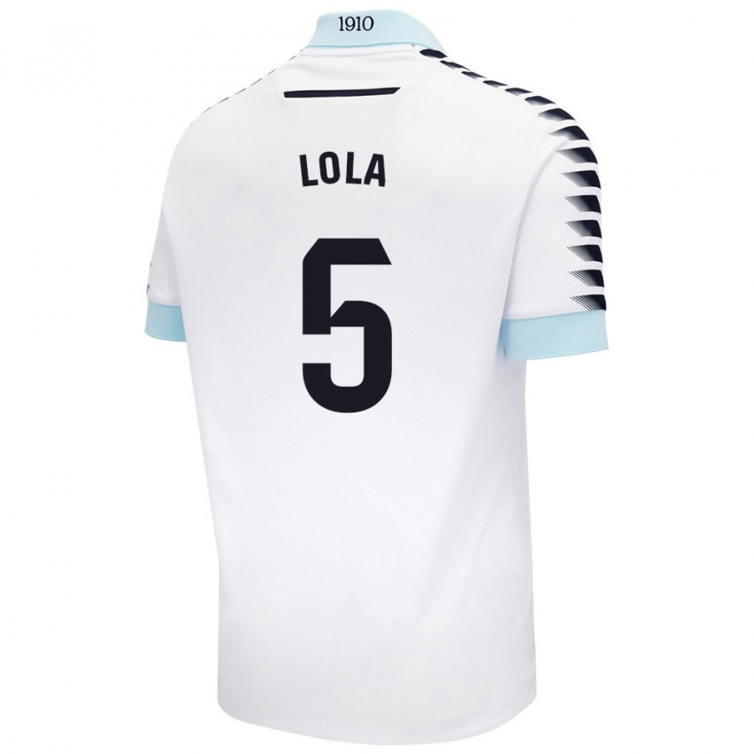 Mujer Camiseta María Dolores Morón Cebada #5 Blanco Azul 2ª Equipación 2024/25 La Camisa Perú