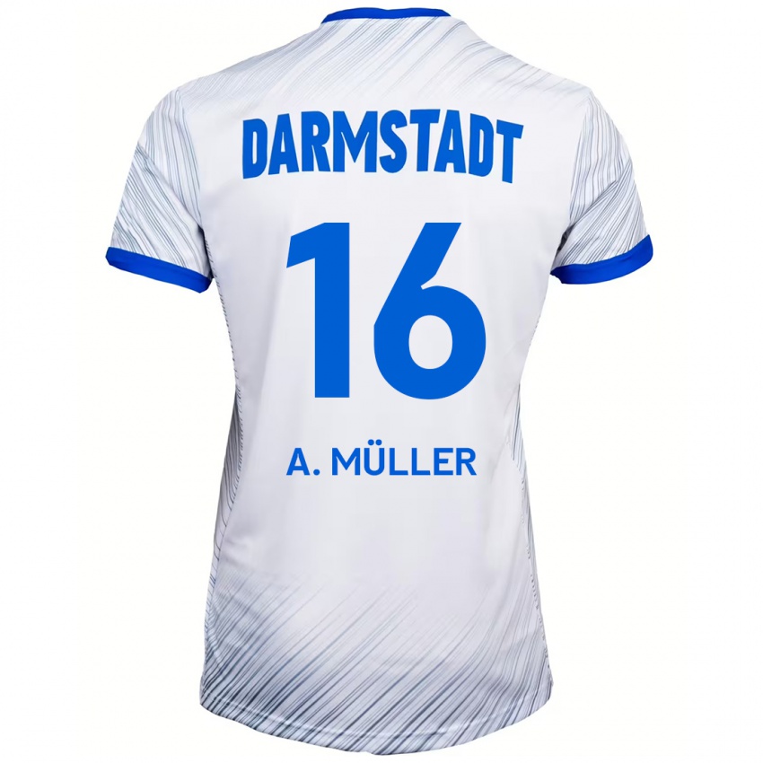 Hombre Camiseta Andreas Müller #16 Blanco Azul 2ª Equipación 2024/25 La Camisa Perú