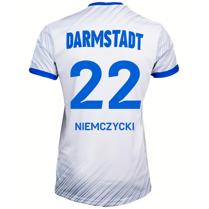 Hombre Camiseta Karol Niemczycki #22 Blanco Azul 2ª Equipación 2024/25 La Camisa Perú