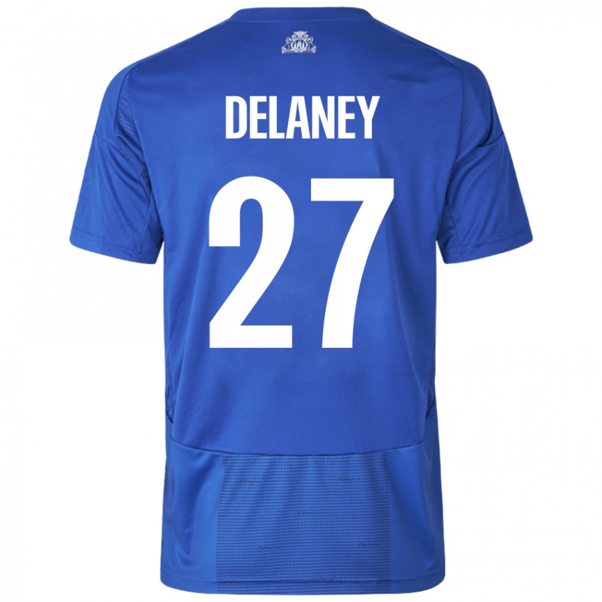 Niño Camiseta Thomas Delaney #27 Blanco Azul 2ª Equipación 2024/25 La Camisa Perú