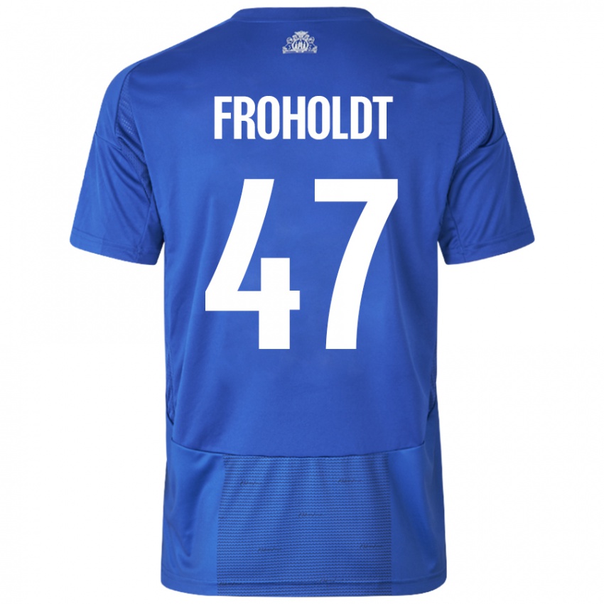 Hombre Camiseta Victor Froholdt #47 Blanco Azul 2ª Equipación 2024/25 La Camisa Perú